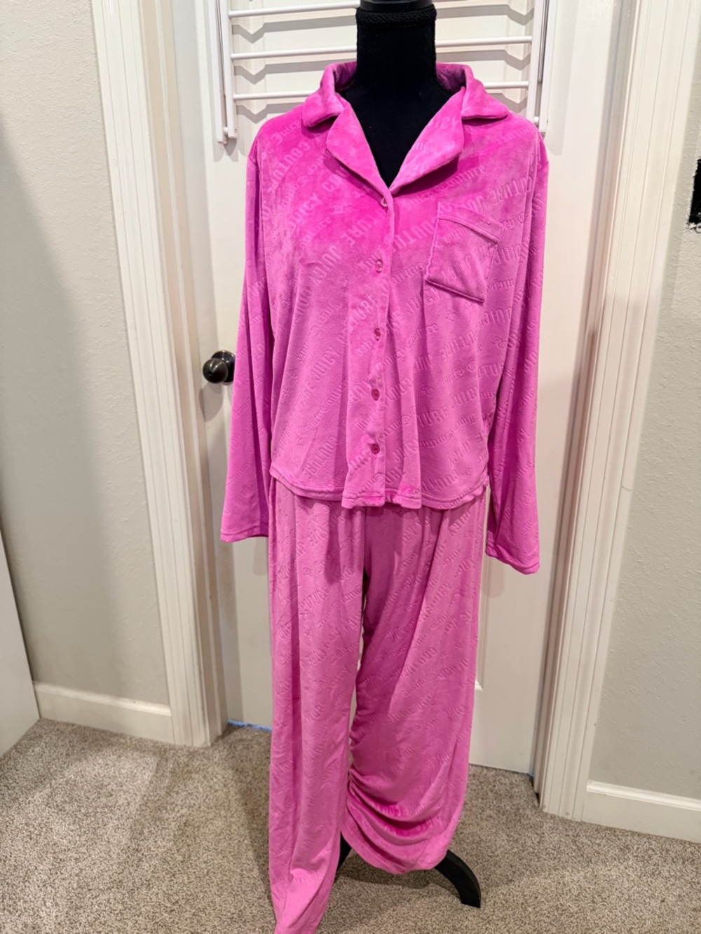 Juicy Couture Hot Pink Velour Button-Up Pajama Set